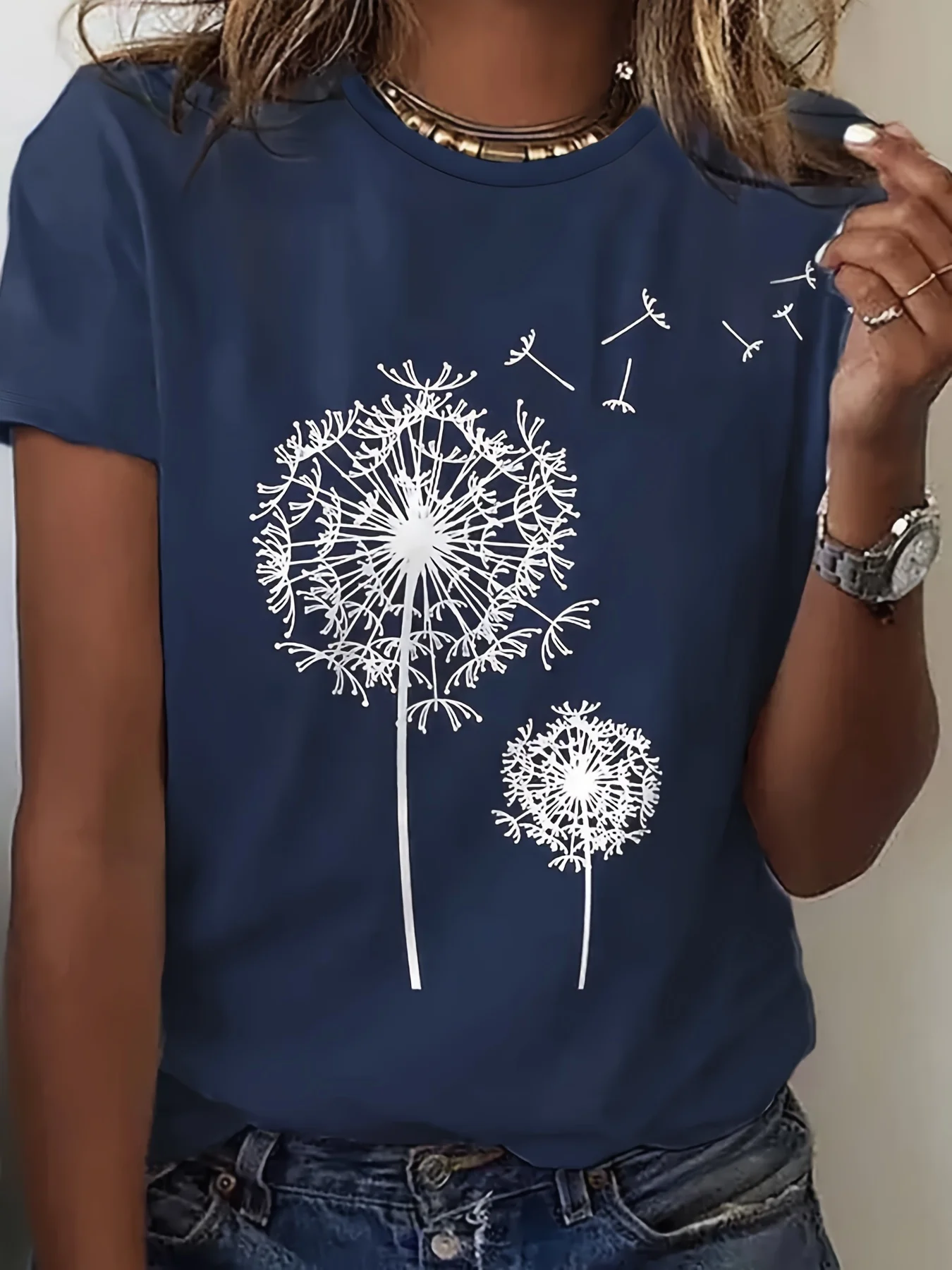 Dandelion Print Crew Neck T-Shirt for Women 1 Dandelion Print Crew Neck T-Shirt for Women