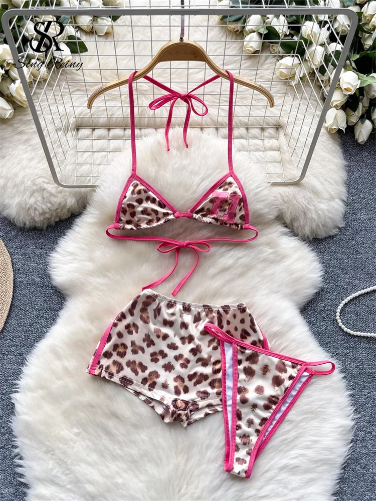 Leopard Print Three-Piece Bikini Set