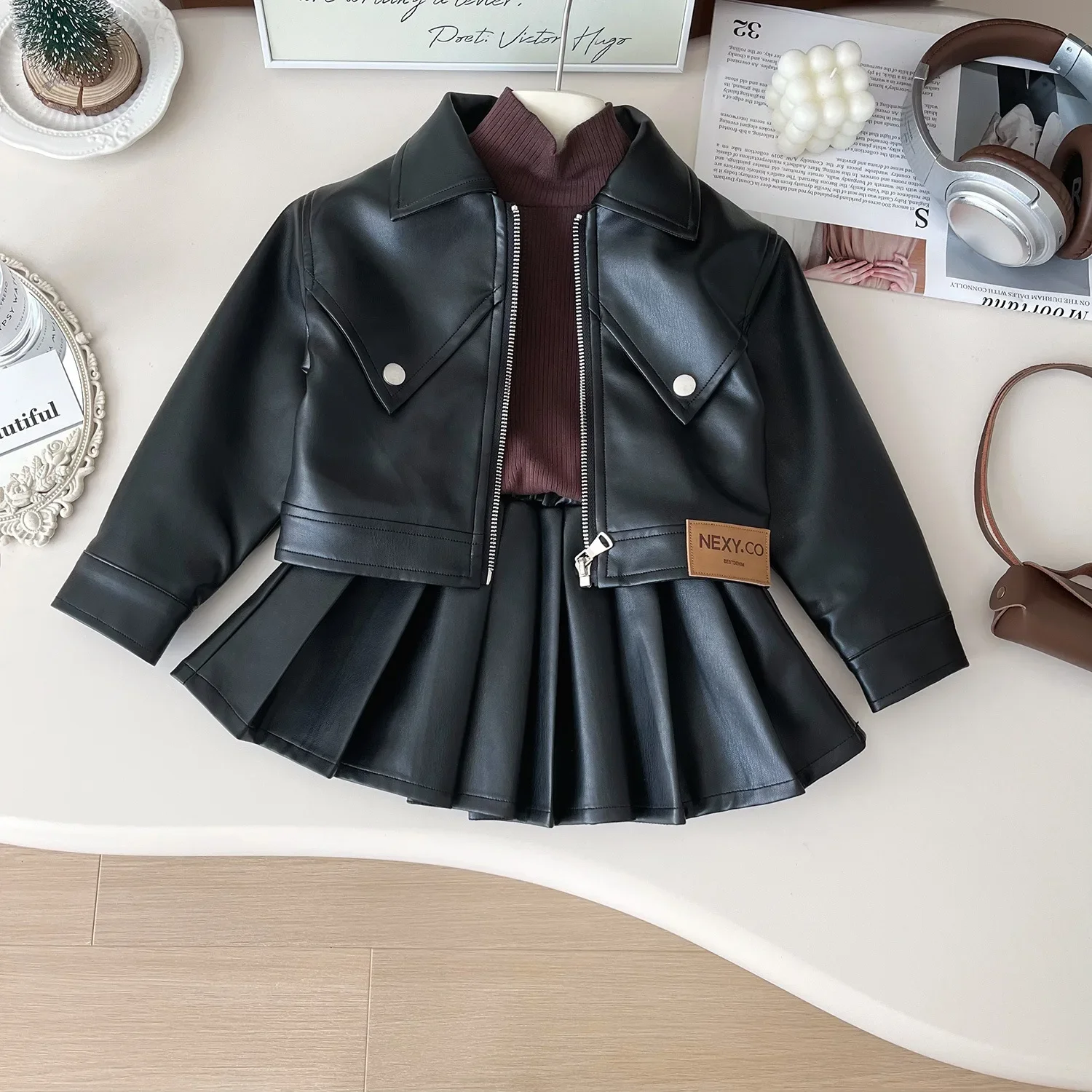 Girls Leather Top and Pleated Skirt Set 1 Girls Leather Top and Pleated Skirt Set