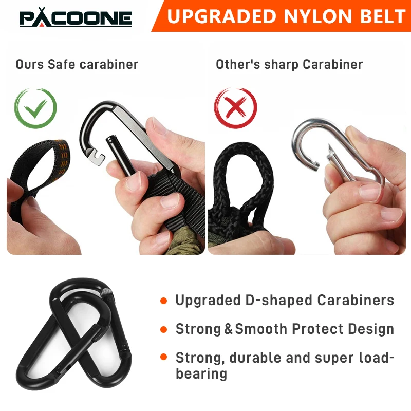 PACOONE Nylon Camping Hammock with Carabiners 6 PACOONE Nylon Camping Hammock with Carabiners - Image 6