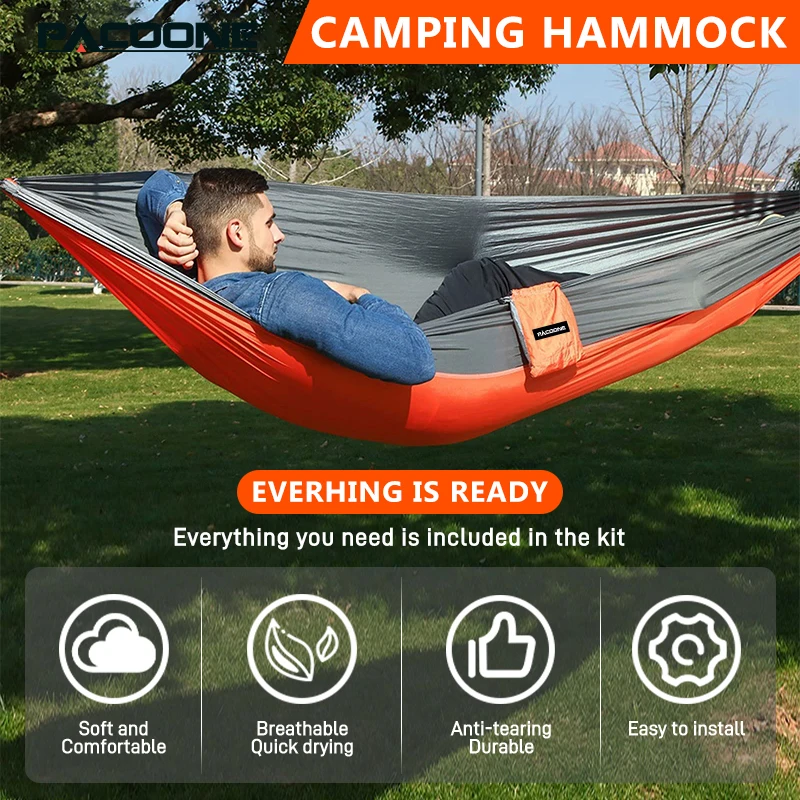 PACOONE Nylon Camping Hammock with Carabiners 2 PACOONE Nylon Camping Hammock with Carabiners - Image 2