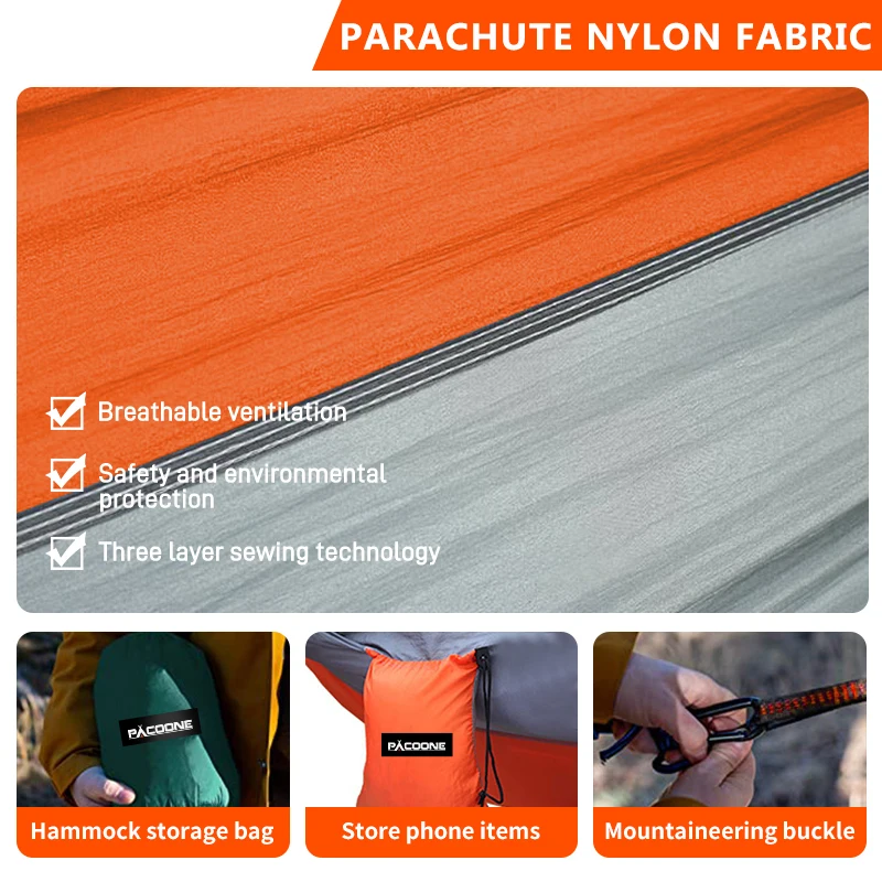 PACOONE Nylon Camping Hammock with Carabiners 4 PACOONE Nylon Camping Hammock with Carabiners - Image 4